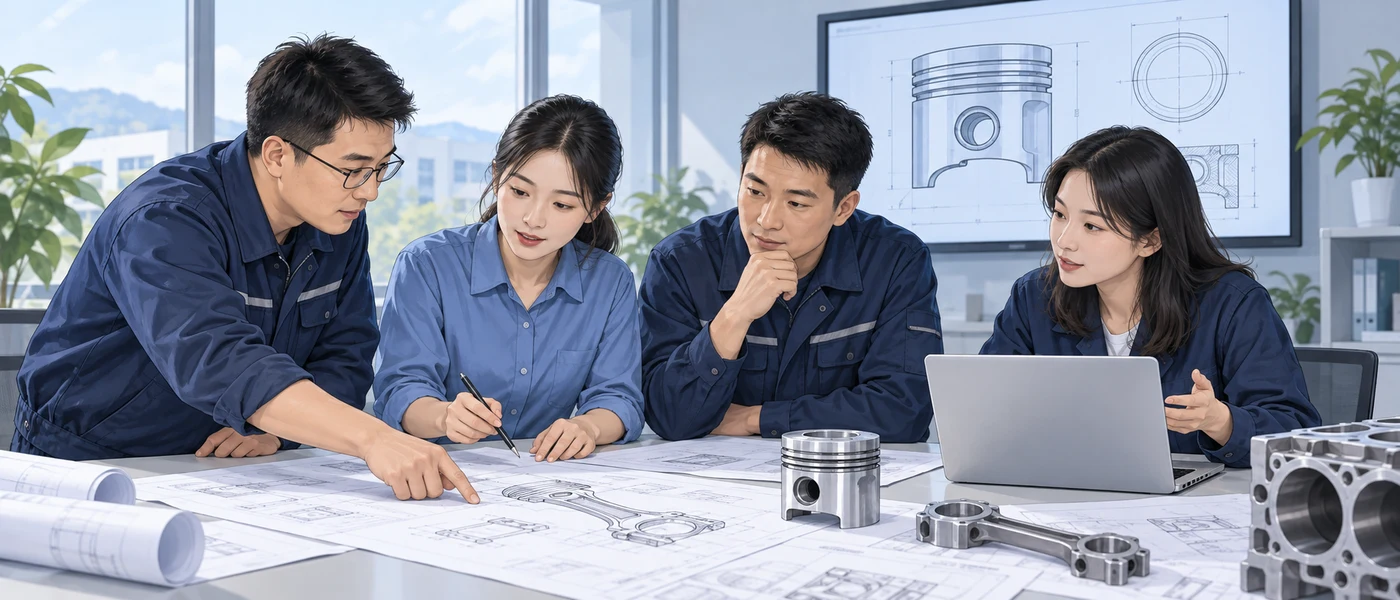 Illustration d’ingénieurs et de commerciaux examinant des plans de pièces moteur