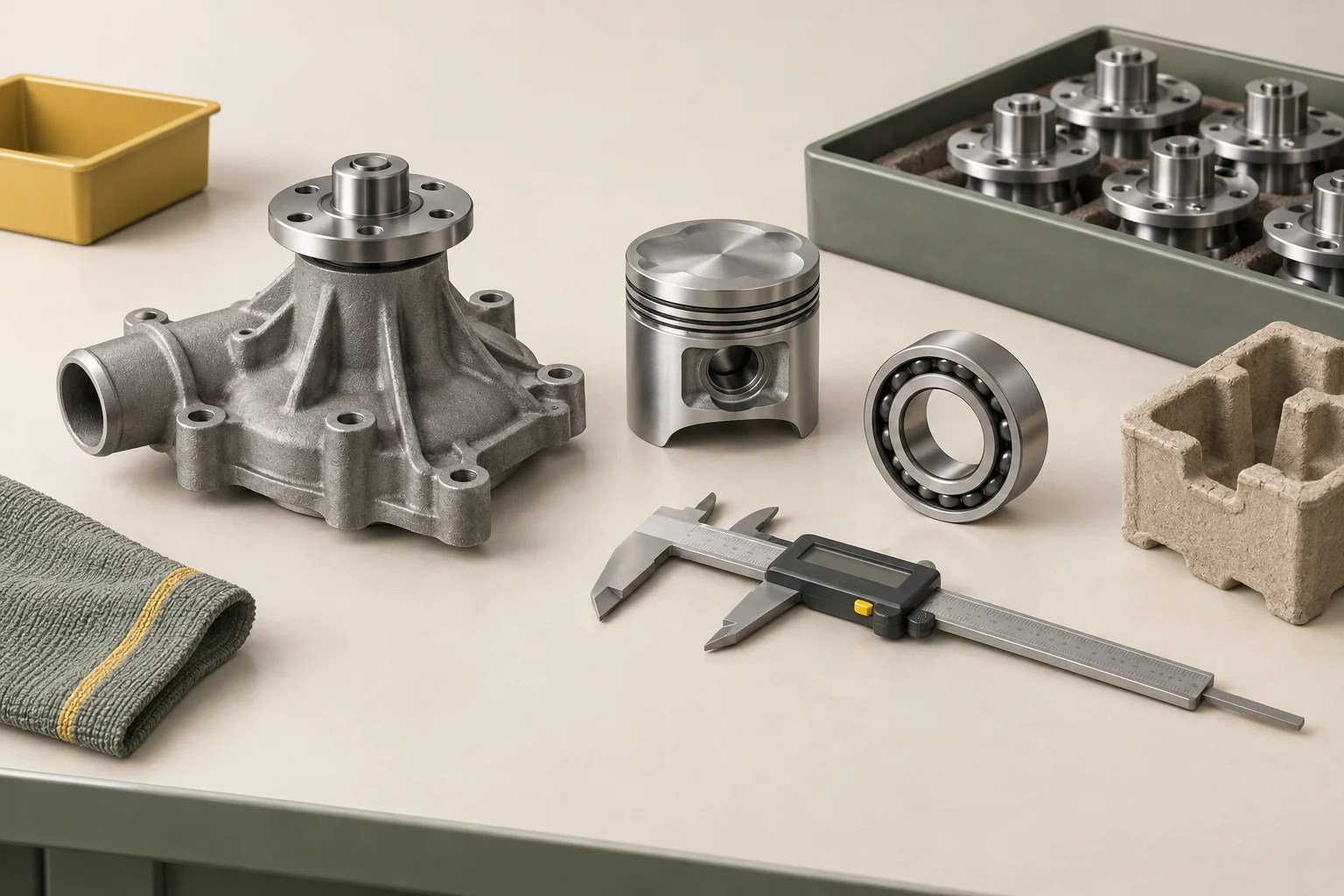Illustration of engine parts, a measuring tool and a protective parts tray