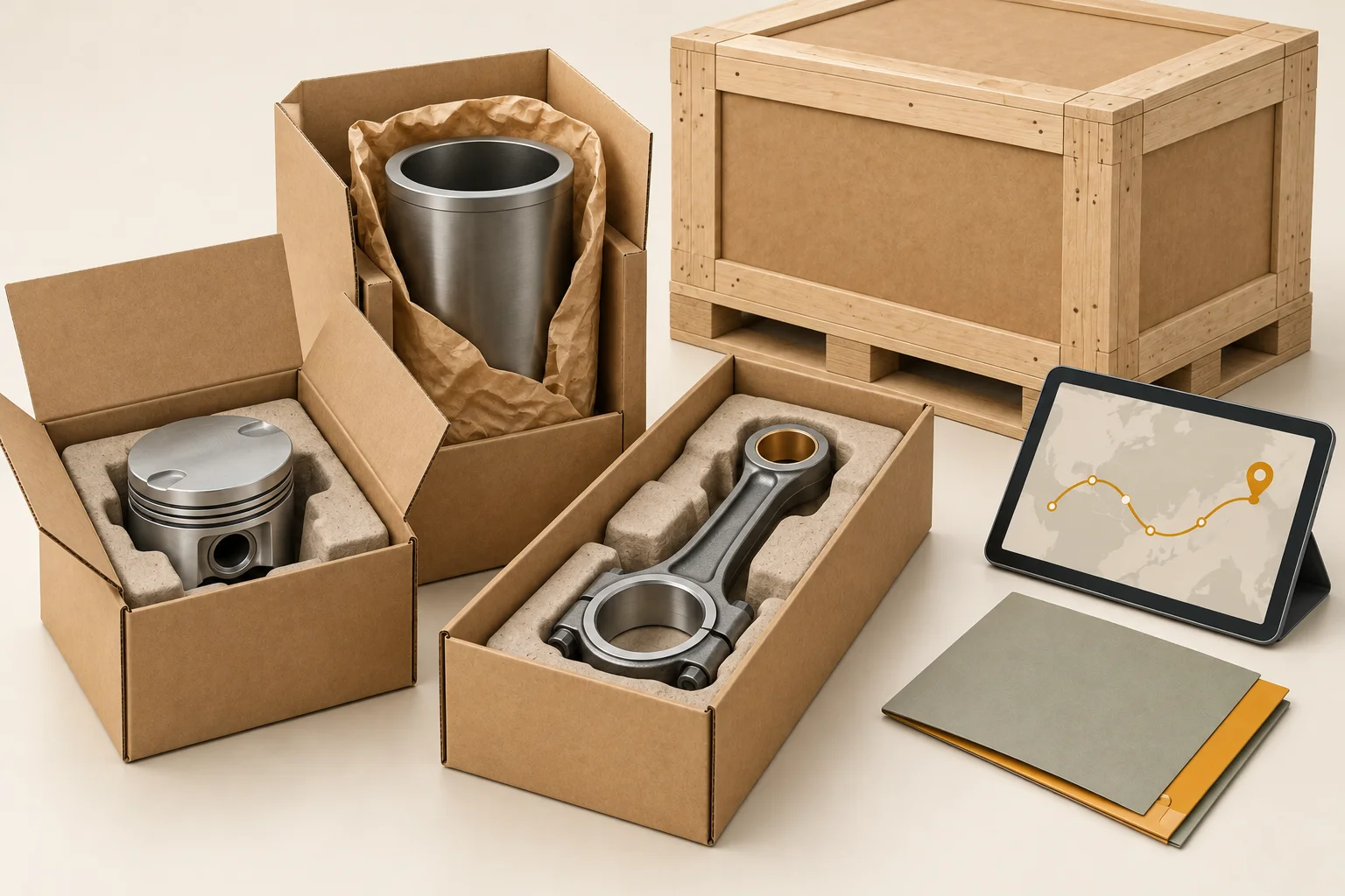 Illustration of piston, liner and connecting rod packing with a timber shipping crate