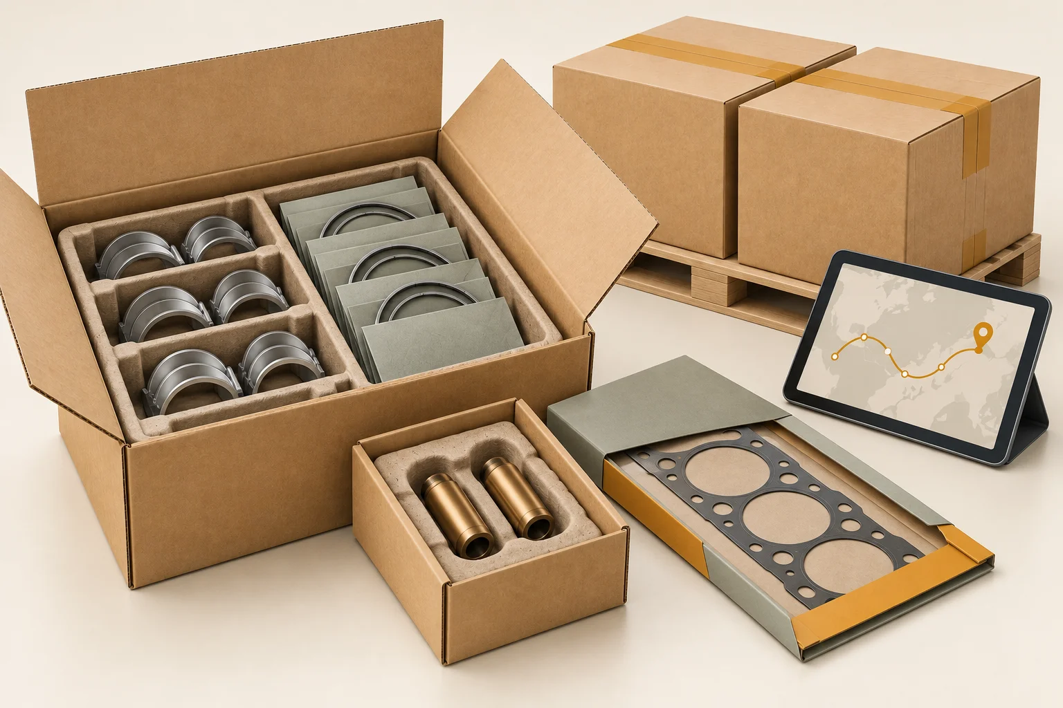 Illustration of small engine parts in divided protective packing with shipping cartons