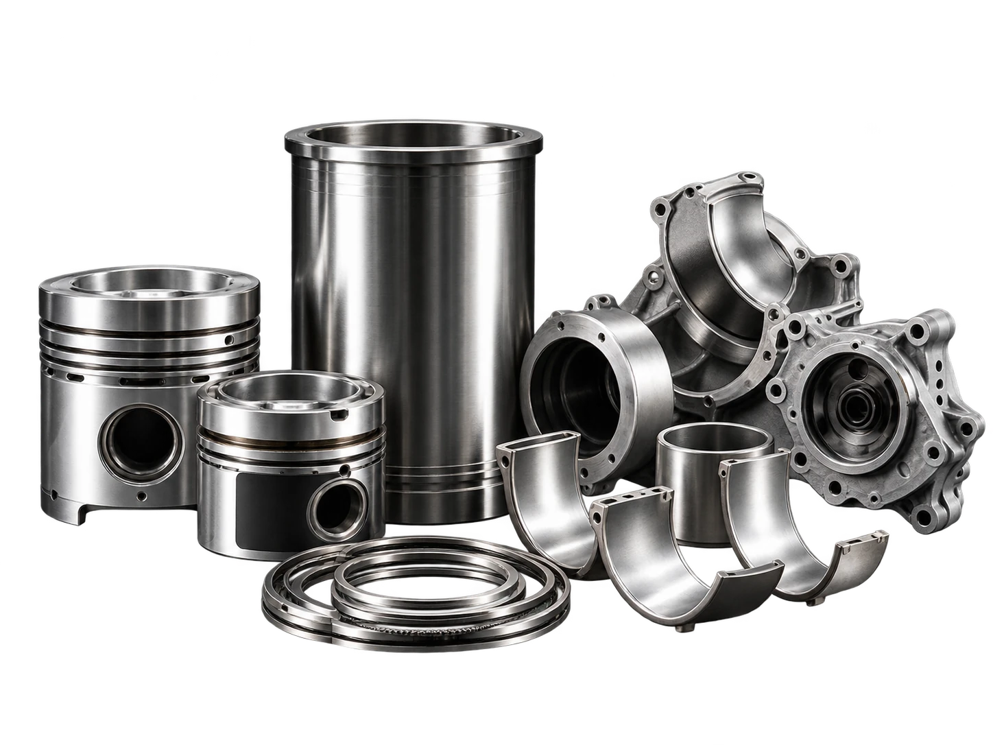 Illustration de pistons, chemises, coussinets, segments et d’une pompe