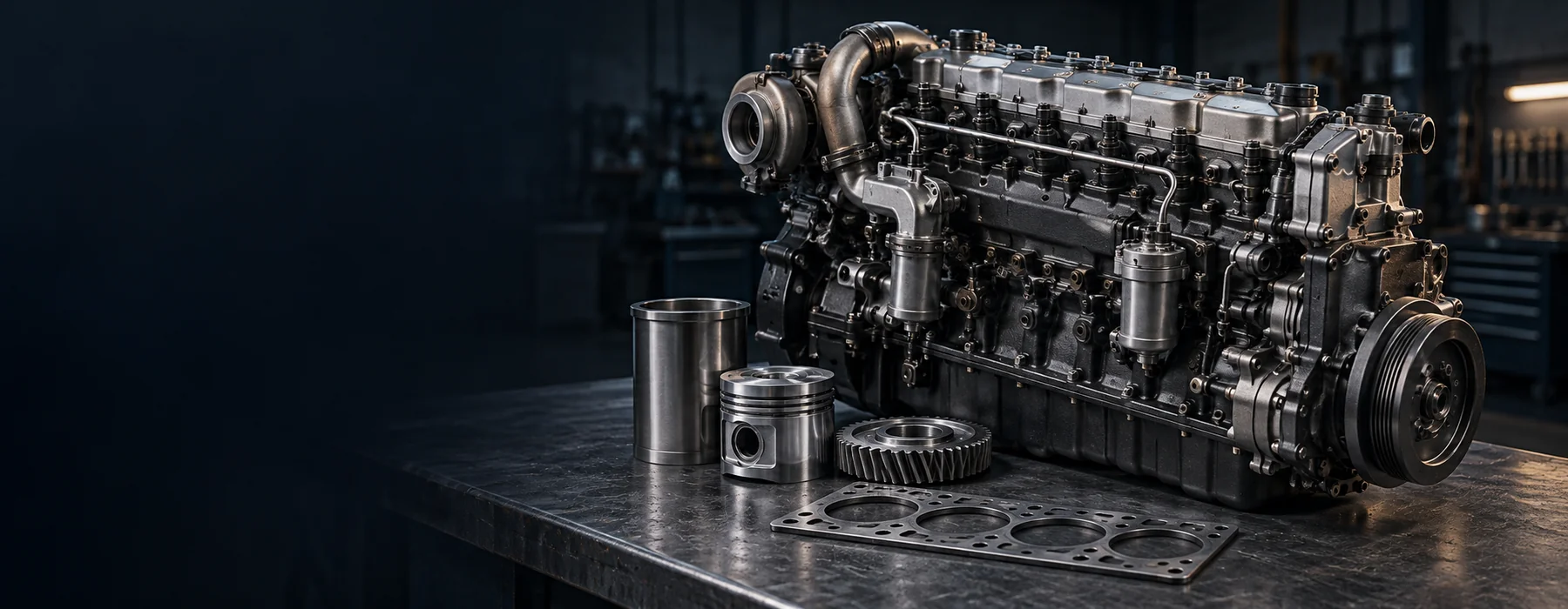 Illustration of an unbranded engine with a piston, cylinder liner and other engine components