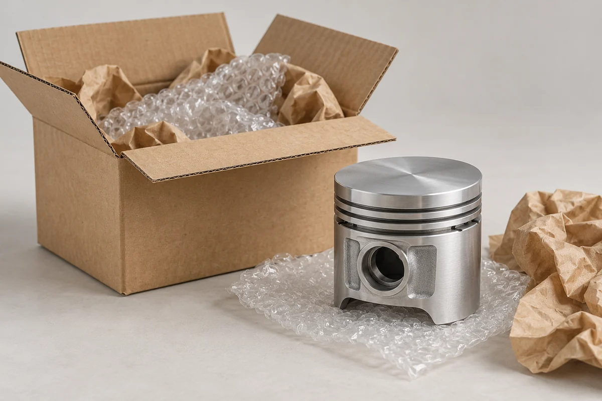 Illustrative packing scene with a piston, plain cardboard box and protective materials